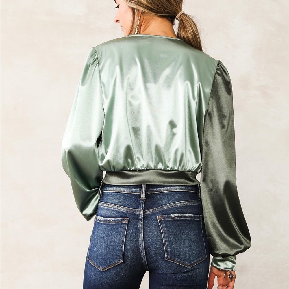 Satin Tie-Front Blouse in Green willow and root - Picture 2 of 6